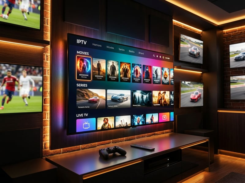 A large flat screen TV with IPTV on the screen.