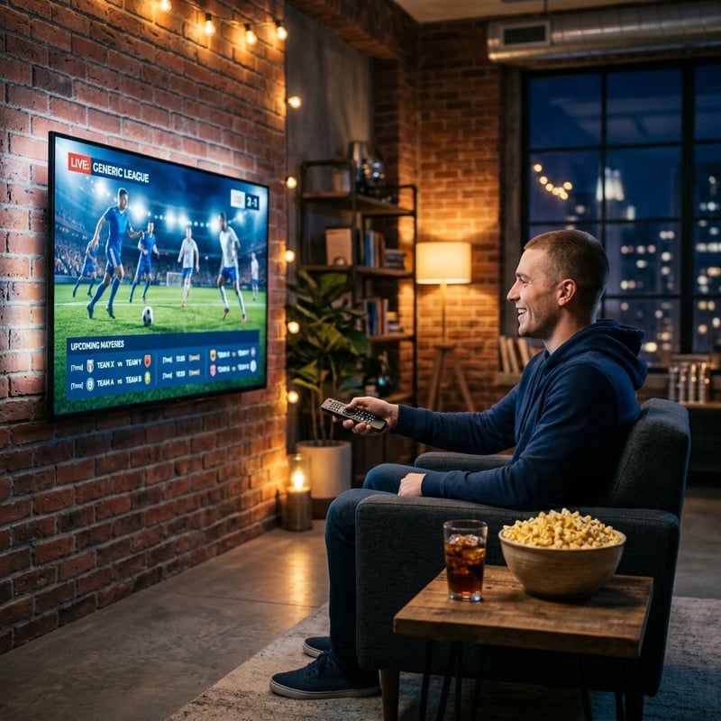 A man sitting on a couch watching a soccer game on a flat screen TV.