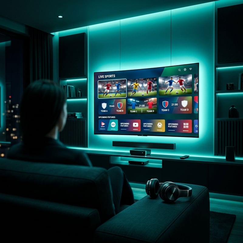 A woman sitting on a couch watching a flat screen TV with multiple sports channels.