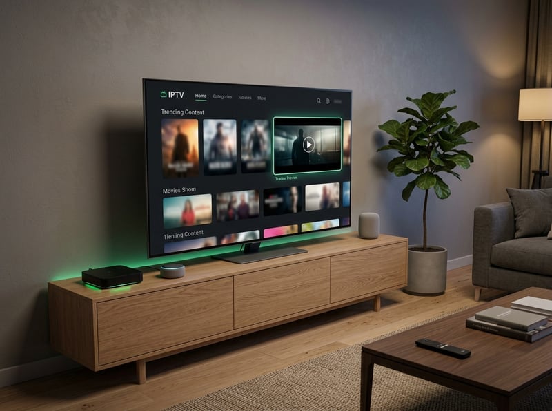 A large flat screen TV displaying the IPTV homepage.