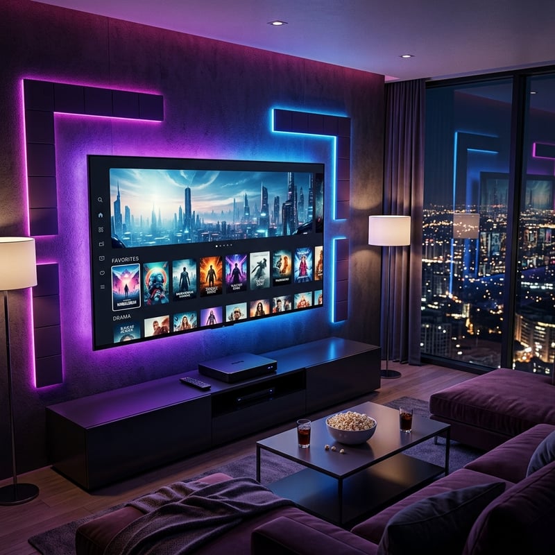 A large flat screen TV with a purple frame and a black stand displaying a selection of movies.