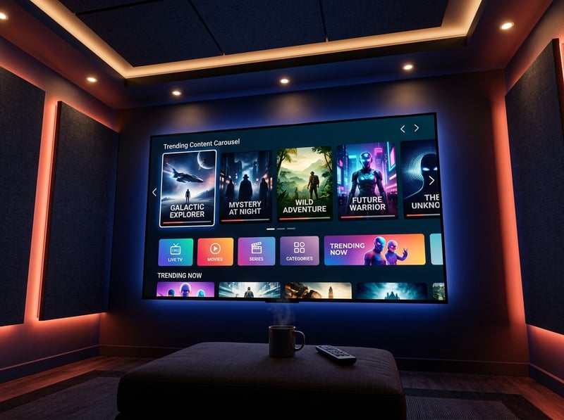 A large flat screen TV with a menu of movies and shows on it.