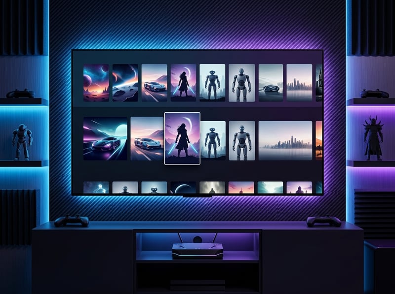 A large screen TV with a slide show of images and a picture of a woman in the middle.