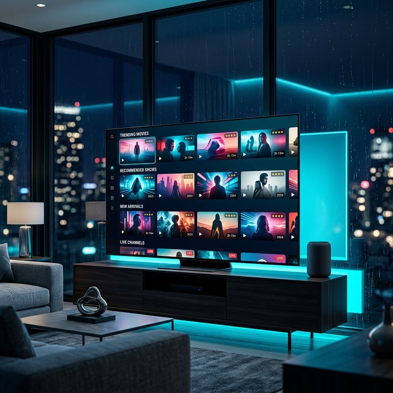 A large flat screen TV with a blue light display and a selection of movies and shows on it.