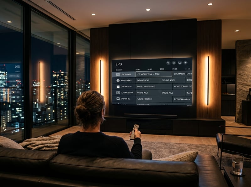 A man sitting on a couch in front of a large flat screen TV with the IPTV app on the screen.