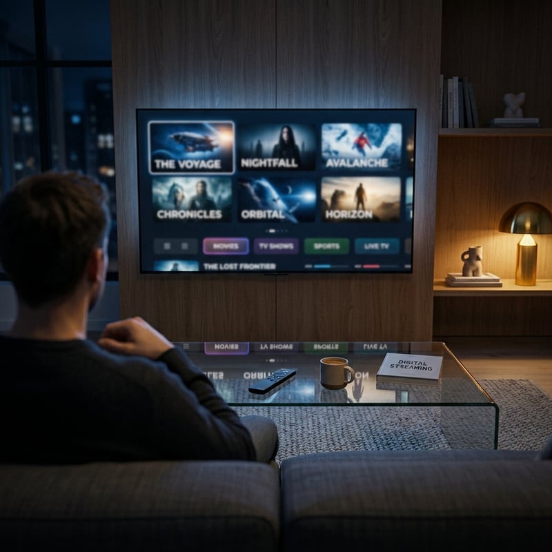 A man sitting on a couch watching a flat screen TV with IPTV.