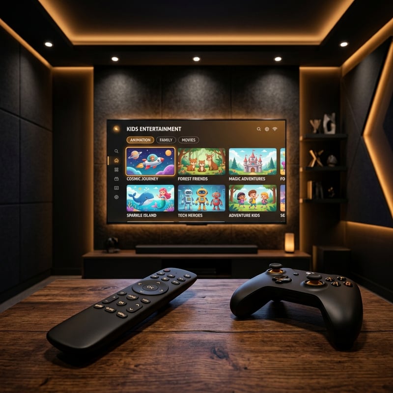 A black remote control sits on a table in front of a large flat screen TV.