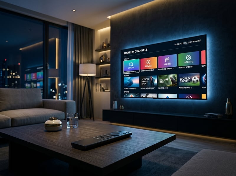 A large flat screen TV with a black remote control sitting on a wooden table.