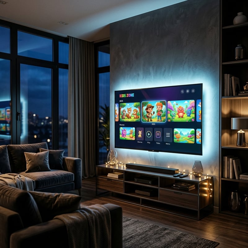 A large flat screen TV with cartoons on it.