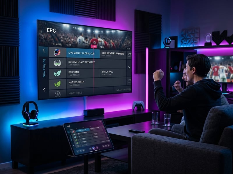 Two men watching a large screen TV with IPTV.