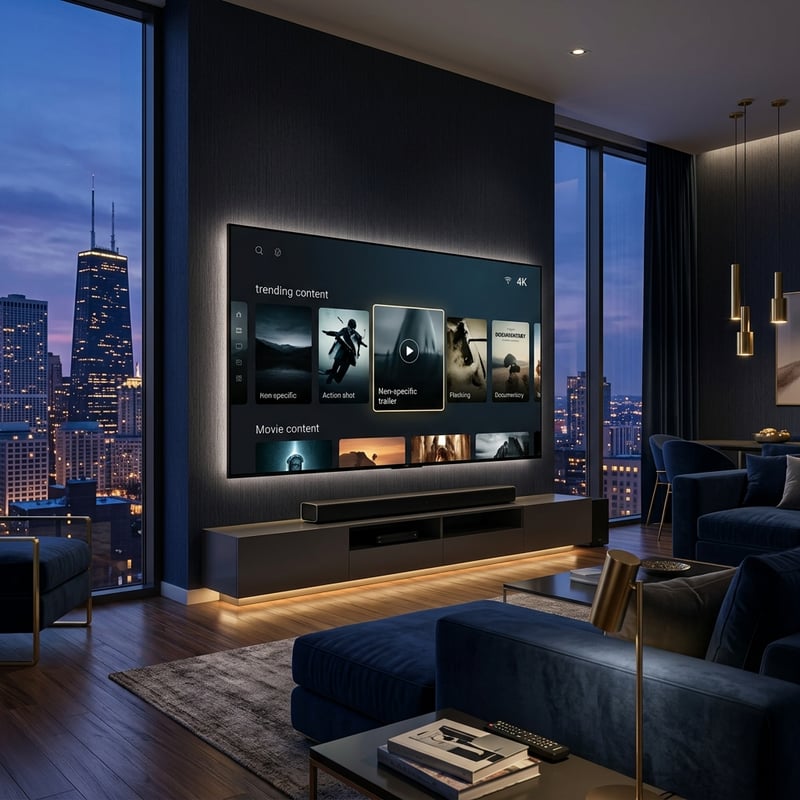 A large flat screen TV with a black frame and a blue background displaying a menu of content.