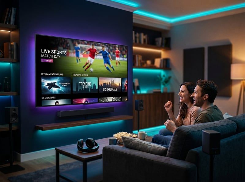 A man and woman are watching a sports match on a large flat screen TV.
