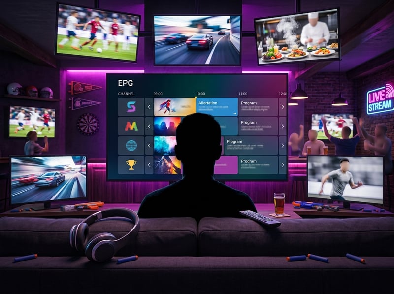 A man is sitting in front of a TV that is displaying IPTV.