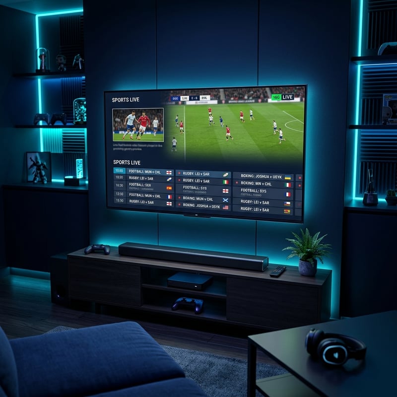 A large flat screen TV displaying a soccer game on a sports channel.