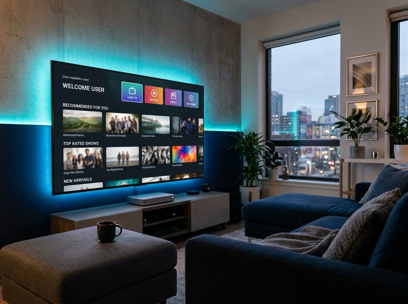 A large flat screen TV with a blue border displaying a welcome screen for a user.