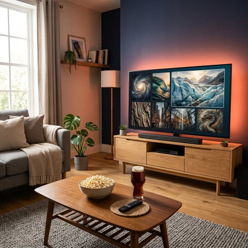 A living room with a flat screen TV and a bowl of popcorn.