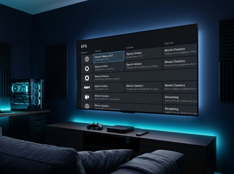 A large flat screen TV displaying a menu of IPTV channels.