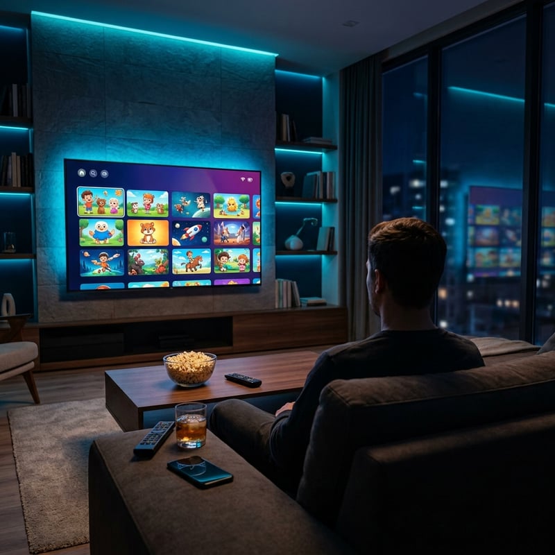 A man sitting on a couch watching a flat screen TV with a bowl of popcorn in front of him.