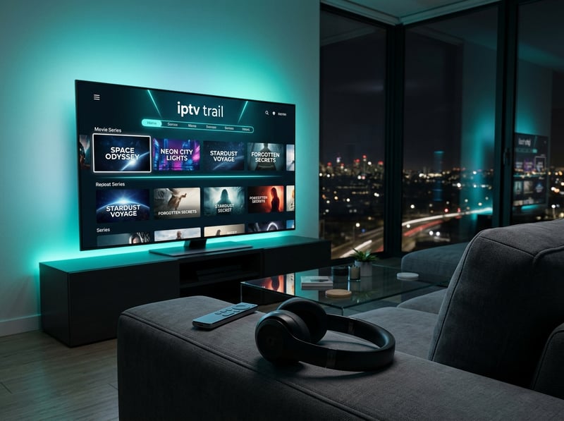 A large flat screen TV with the IPTV logo on the screen.
