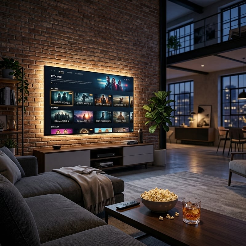 A large flat screen TV with a selection of movies on it.