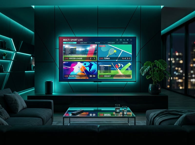 A large flat screen TV displaying a sports channel with the words MUTUAL SPORTS LIVE on the screen.