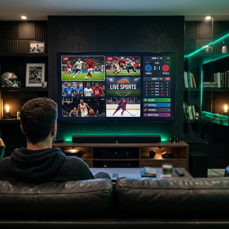 A man is sitting on a couch watching a TV with multiple sports channels on it.