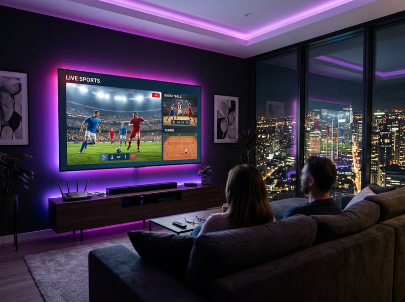 A man and woman sit on a couch watching a game on a large screen TV.