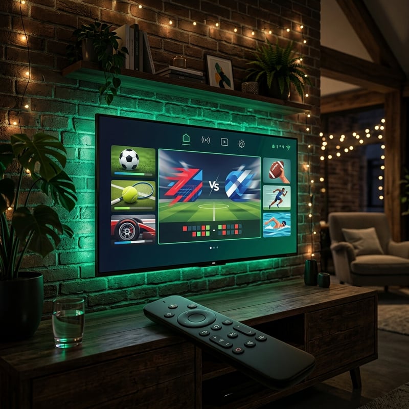 A flat screen TV with a green glow and a remote control on a wooden table.
