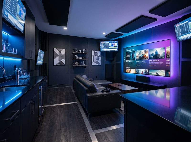 A large room with a couch and a TV with the word IPTV on the screen.