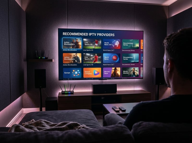 A man is sitting in a living room watching a large screen TV that is displaying IPTV.
