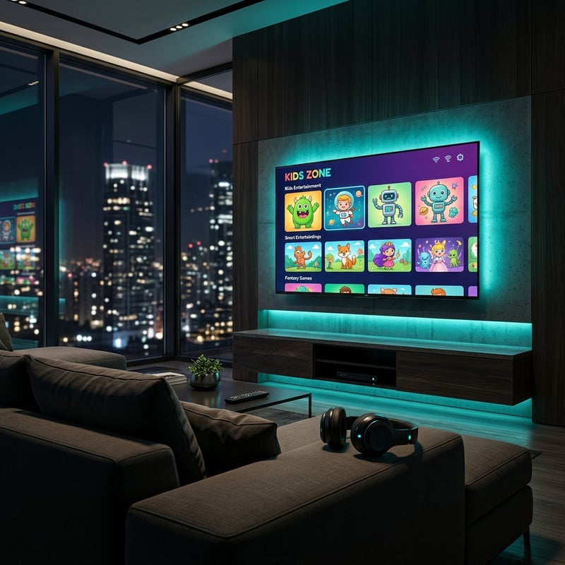 A large flat screen TV with a kids zone on it.