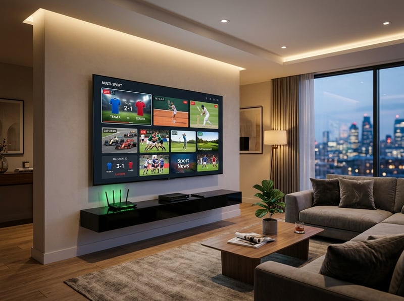 A large flat screen TV with a sports channel playing.