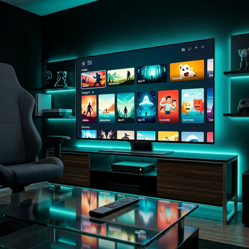 A large flat screen TV with a blue background and a remote control in front of it.