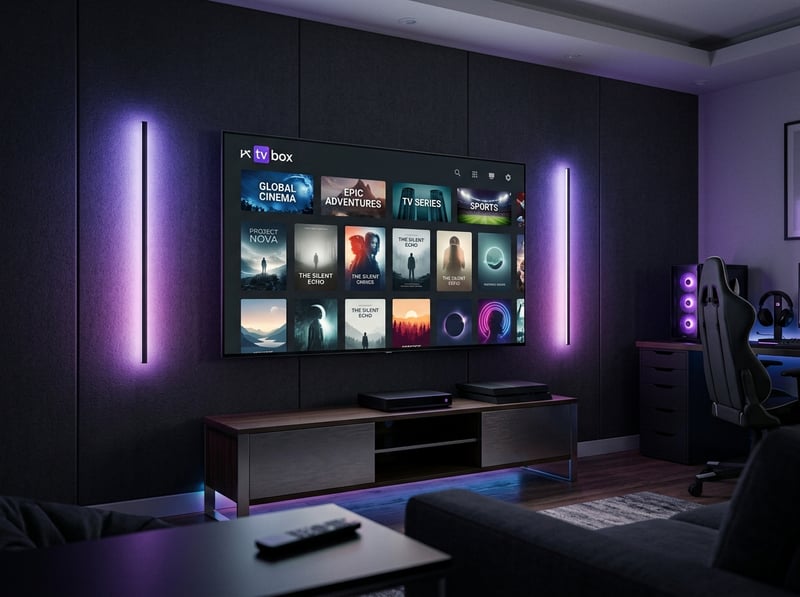A large flat screen TV with a menu of IPTV channels.