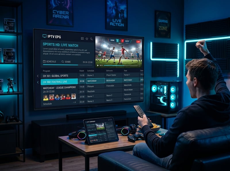 A man is sitting in a living room watching a sports game on a large screen TV.