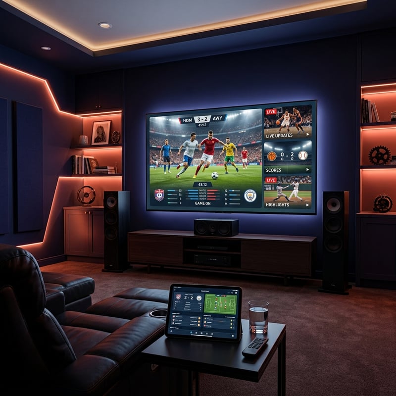 A man is sitting in a chair watching a game on a large screen TV.
