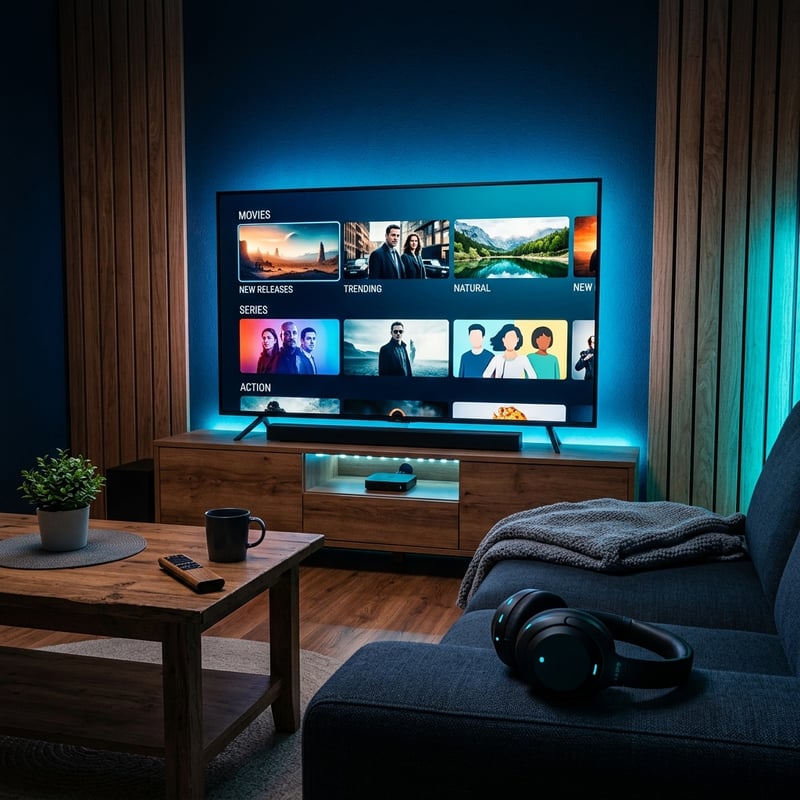A large flat screen TV with a blue background and a remote control in front of it.