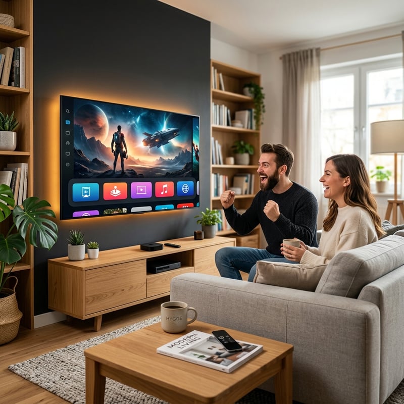 A man and woman sit on a couch in front of a flat screen TV with a man holding his fist up.