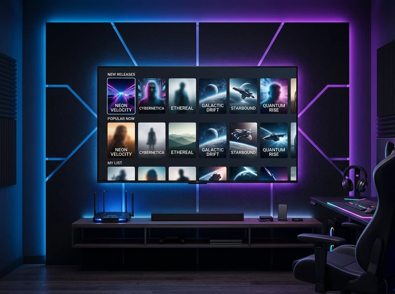A large flat screen TV with a menu of movies and shows on it.