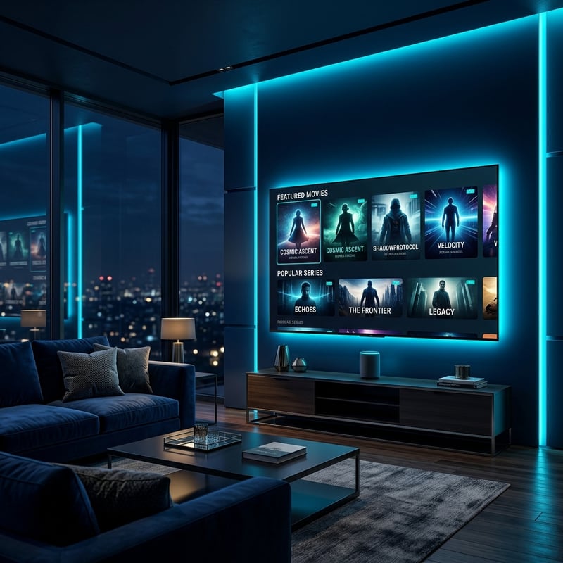 A large flat screen TV with a blue frame and a blue background displaying movies and shows.