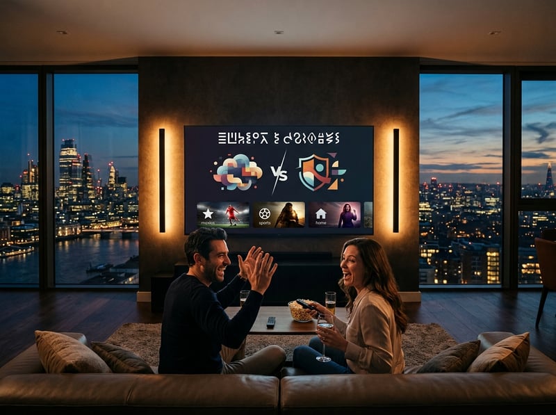 A man and woman are sitting on a couch in front of a large screen TV.