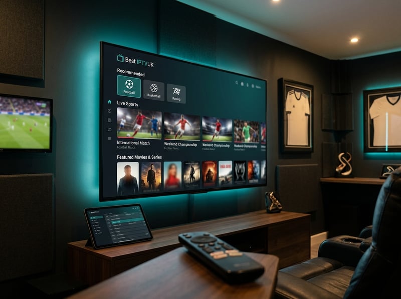 A large flat screen TV displaying a menu of IPTV options.