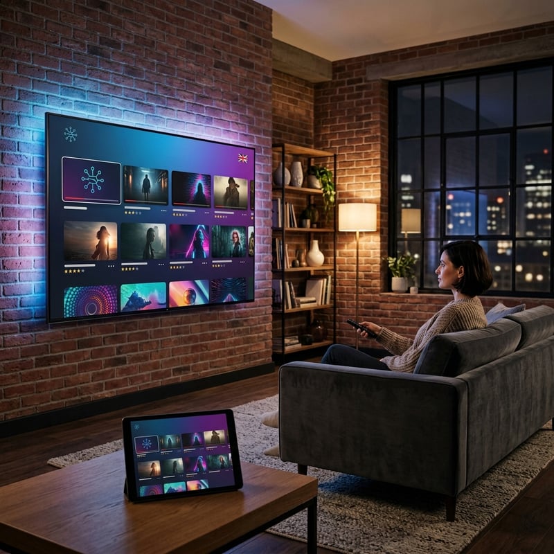 A woman is sitting on a couch in front of a large flat screen TV.