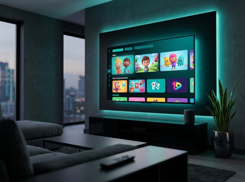 A large flat screen TV with a blue light on the bottom of it.