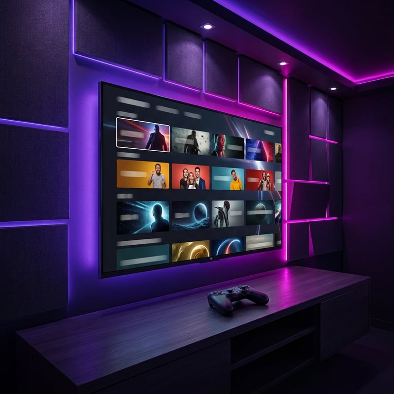 A large flat screen TV with a purple frame displaying a variety of images.