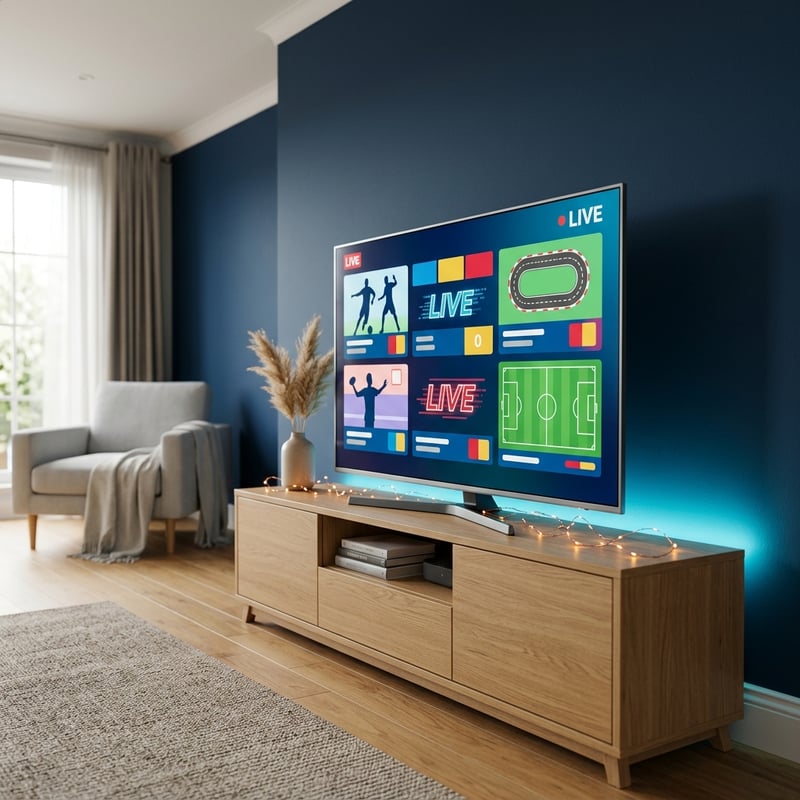 A large flat screen TV with a blue background displaying a sports game.