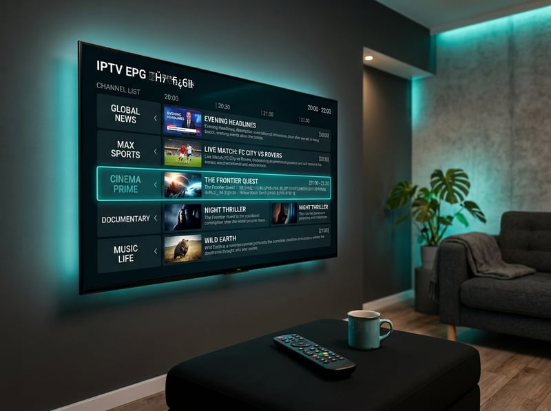 A flat screen TV with IPTV on the screen.