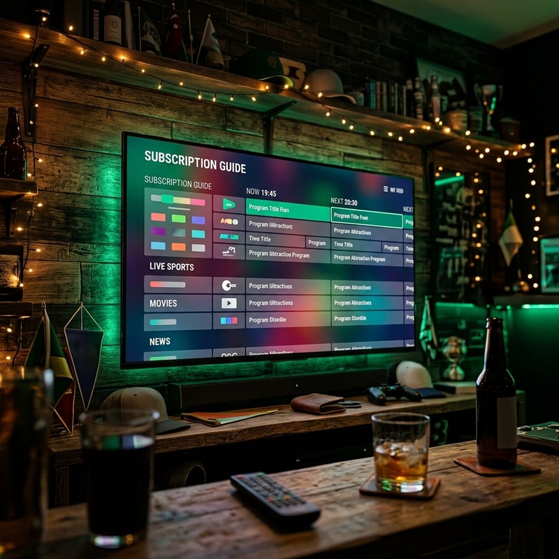 A flat screen TV displaying a subscription guide with a remote control on a table.