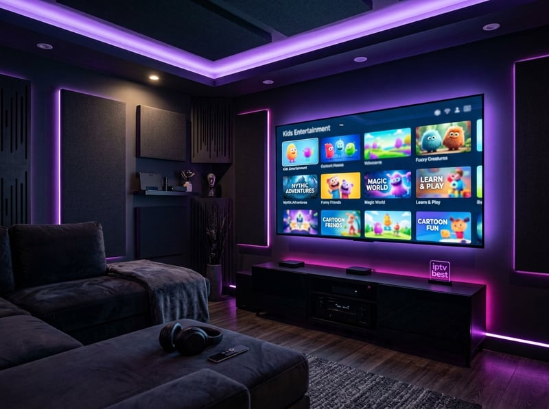 A large flat screen TV with a purple frame and a menu of entertainment options.