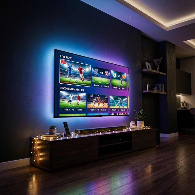 A large flat screen TV with a purple glow is mounted on the wall in a living room.